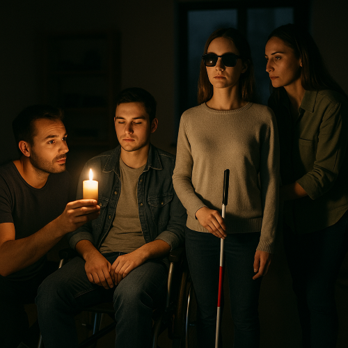 Vier Personen befinden sich in einem dunklen Raum während eines Stromausfalls. Links kniet ein junger Mann und hält eine Kerze in der Hand, deren Licht die Szene sanft beleuchtet. Daneben sitzt ein junger Mann im Rollstuhl mit ruhigem, nachdenklichem Blick. Rechts steht eine junge blinde Frau mit dunkler Sonnenbrille und einem weißen Langstock – sie steht aufrecht und ruhig. Hinter ihr steht eine weitere Frau, leicht nach vorn gebeugt, aufmerksam und bereit zu helfen. Der Hintergrund ist dunkel, die Stimmung ernst, aber ruhig. Das Bild vermittelt Fürsorge, Zusammenhalt und stille Wachsamkeit in einer Krisensituation.