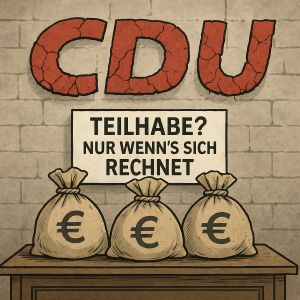 Ein Schreibtisch mit drei Geldsäcken und einem Schild mit der Aufschrift „Teilhabe? Nur wenn’s sich rechnet“, im Hintergrund der bröckelnde Schriftzug CDU an einer Wand.