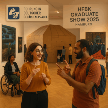 In einer hellen, modernen Ausstellungshalle der HFBK Hamburg stehen zwei Personen einander gegenüber und unterhalten sich in Deutscher Gebärdensprache. Im Hintergrund sind weitere Besucher*innen zu sehen, darunter auch eine Frau im Rollstuhl. Eine große Installation in Form eines Hauses aus Pappe dominiert den Raum. An den Wänden hängen zeitgenössische Kunstwerke, darunter ein Gemälde mit rotem Tuch und ein Landschaftsbild. Ein Schild über den Personen weist auf eine Führung in Deutscher Gebärdensprache hin.