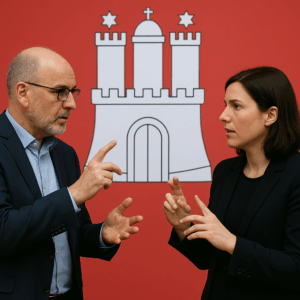 Zwei gehörlose Personen gebärden vor dem Hamburger Stadtwappen auf rotem Hintergrund.