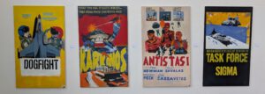 „DOGFIGHT“, „ANTISTASI“ oder „TASK FORCE SIGMA“ – diese Poster im Stil von Actionfilmen enttarnten Propaganda, Militarismus und Männlichkeitsklischees mit ironischer Direktheit.