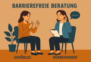 Illustration zweier Frauen in einem Beratungsgespräch. Links sitzt eine gehörlose Frau und gebärdet, rechts eine hörbehinderte Beraterin mit Klemmbrett, die aufmerksam zuhört. Über ihnen steht der Schriftzug „BARRIEREFREIE BERATUNG“. Die Begriffe „GEHÖRLOS“ und „HÖRBEHINDERT“ sind jeweils unter den Figuren platziert. Der Hintergrund ist in warmen Orange- und Brauntönen gehalten.