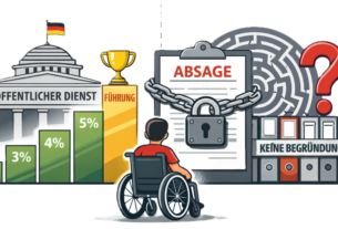Illustration: Öffentlicher Dienst erfüllt Quoten, während eine Person mit Behinderung vor einer verschlossenen Absage und dem Hinweis „Keine Begründung“ steht.