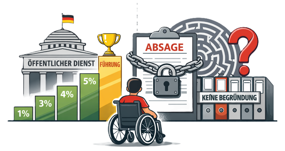 Illustration: Öffentlicher Dienst erfüllt Quoten, während eine Person mit Behinderung vor einer verschlossenen Absage und dem Hinweis „Keine Begründung“ steht.
