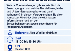 Ankündigung zum Vortrag „Der Schwerbehindertenausweis“ am 20. Mai 2026 im BdS Hamburg mit Jörg Winkler, HörBiz.